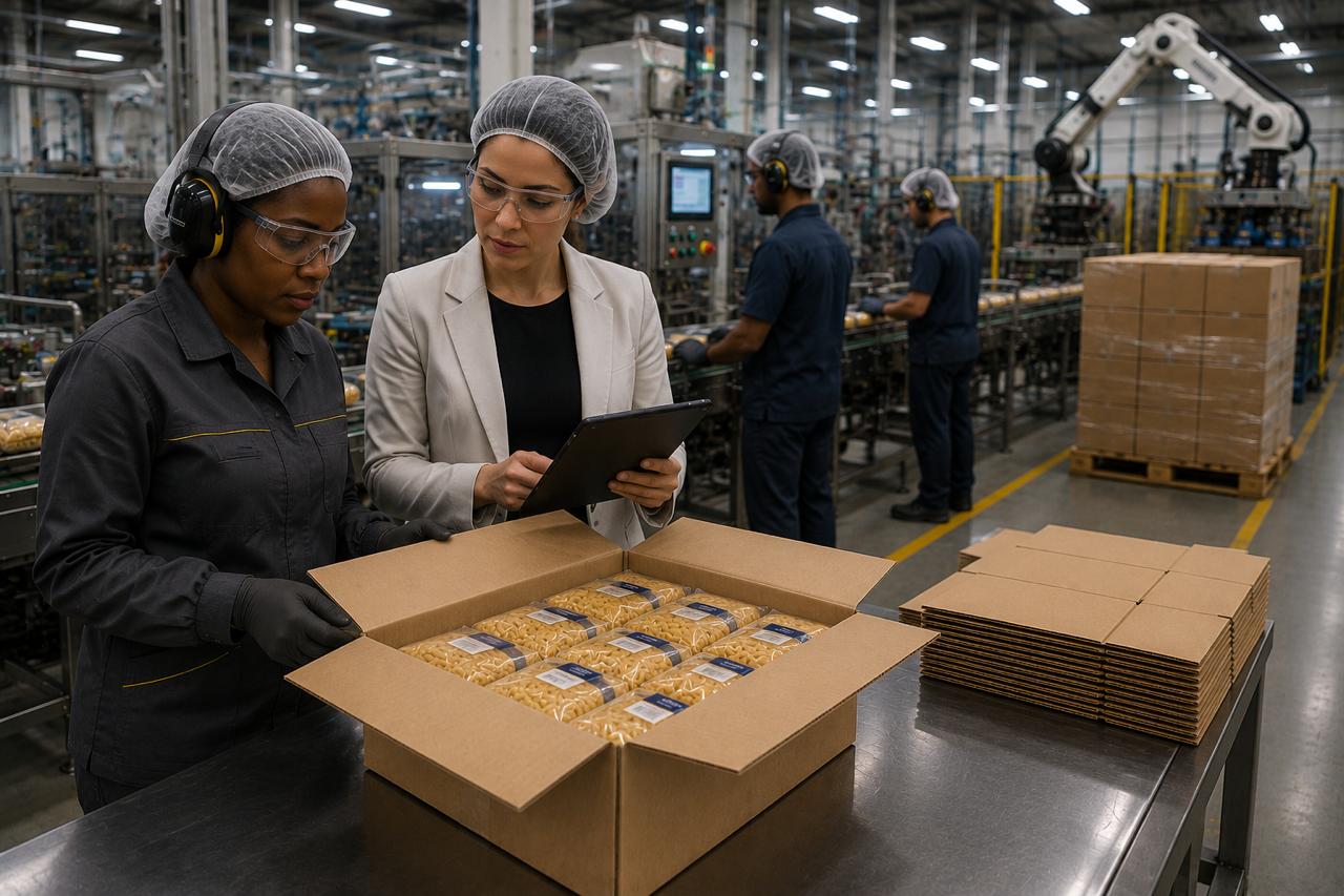 Avaliação de embalagem na linha de produção